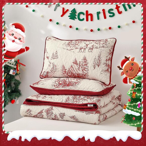 Christmas Quilt Set Queen Size, Red Hand-Painted Imagery Bedspread Coverlet Set - Picture 7 of 7